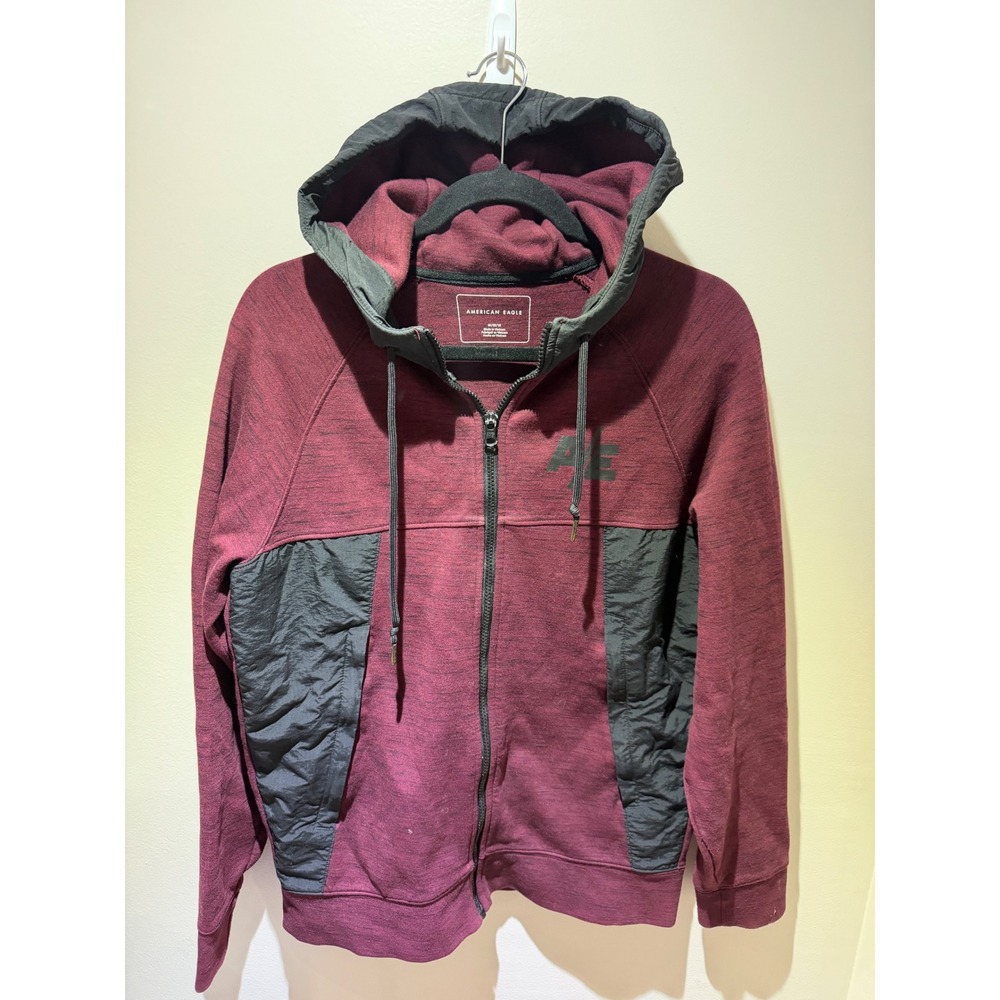 American Eagle Mens Maroon Heather Full Zip Hoodie Gray Panels Graphic Logo M